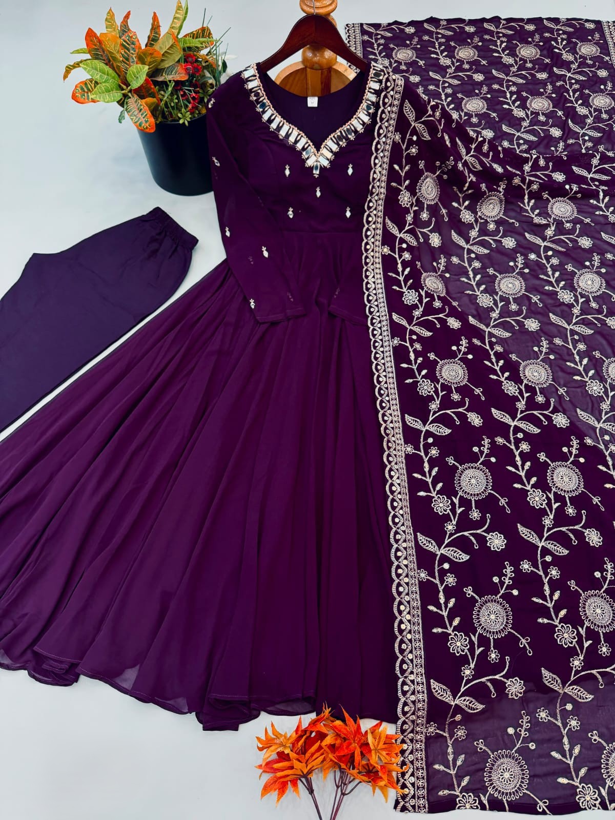 Heavy Faux Georgette Khatli Work With Real Mirror Anarkali Set